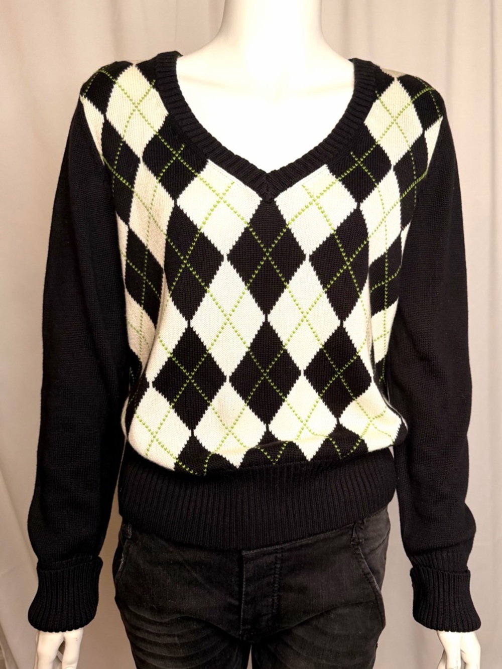 Tommy Hilfiger Black V-Neck Argyle Sweater with Ivory & Lime Stitching